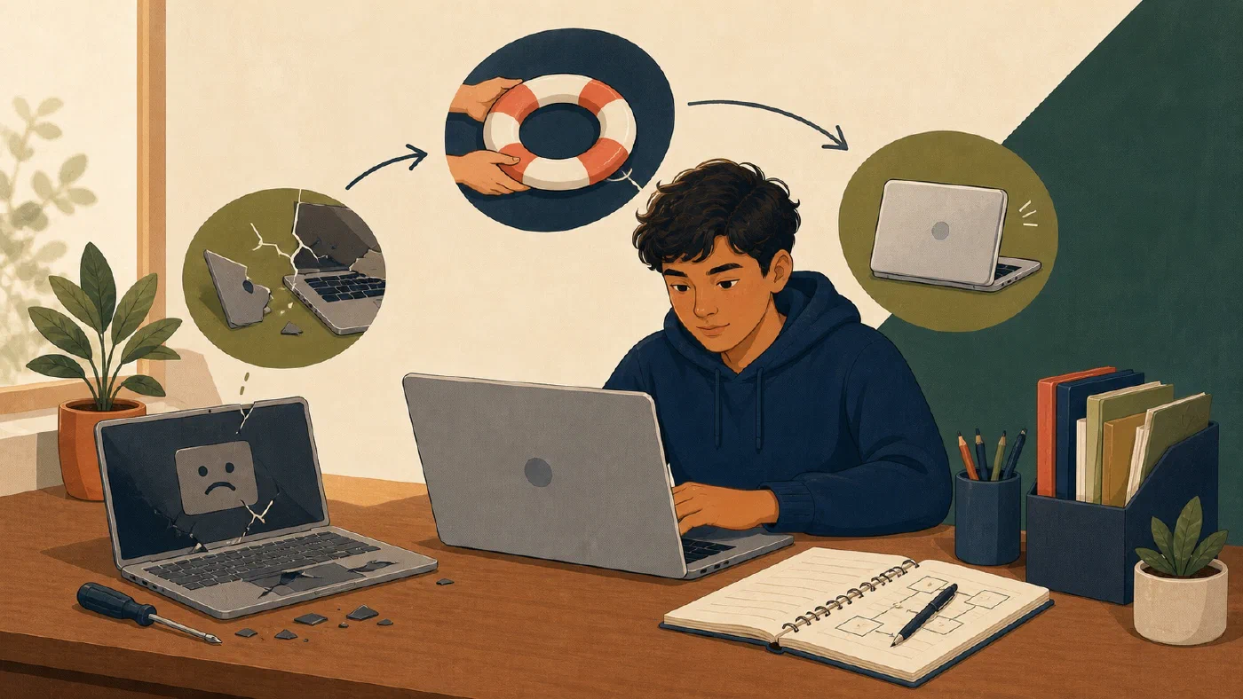 A student-centered editorial illustration representing Recover a Student Mac from a Broken Setup.