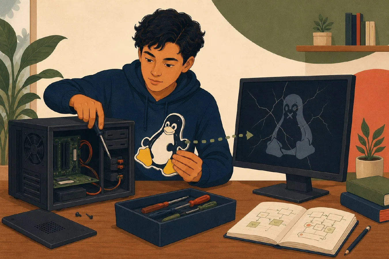 A student-centered editorial illustration representing Recover Linux from a Broken Setup.
