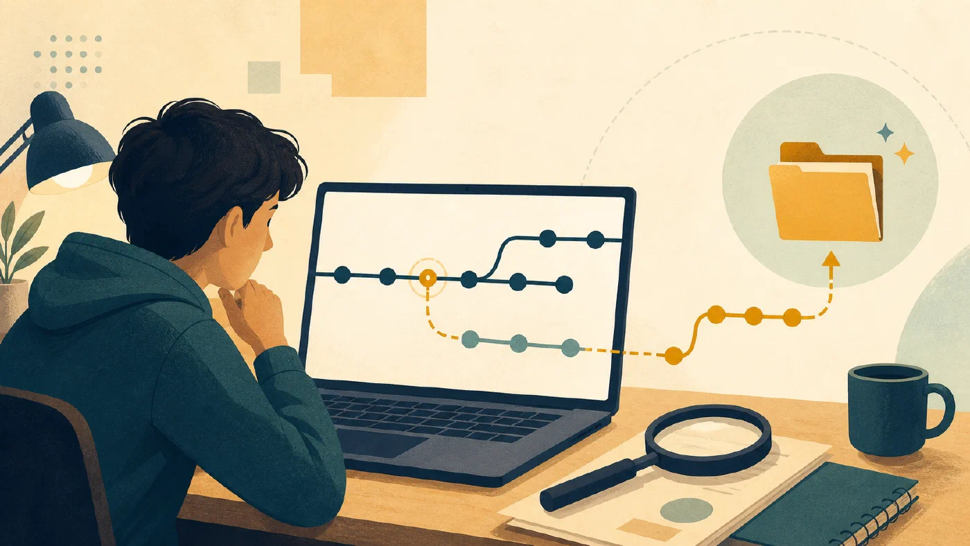 A student inspects branching code history and creates a separate recovery path.