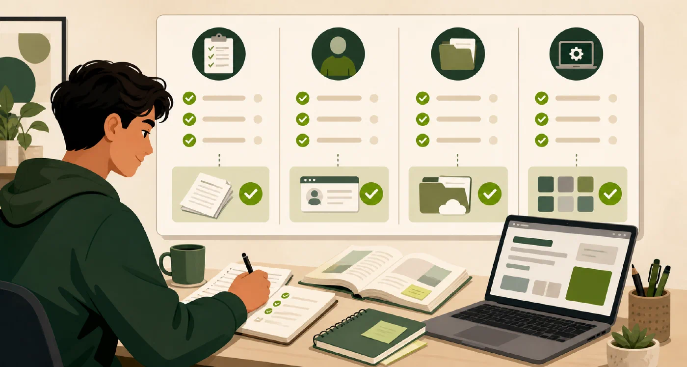 A student reviews four readiness areas—course access, files, accounts and tools, and recovery—before a semester begins.