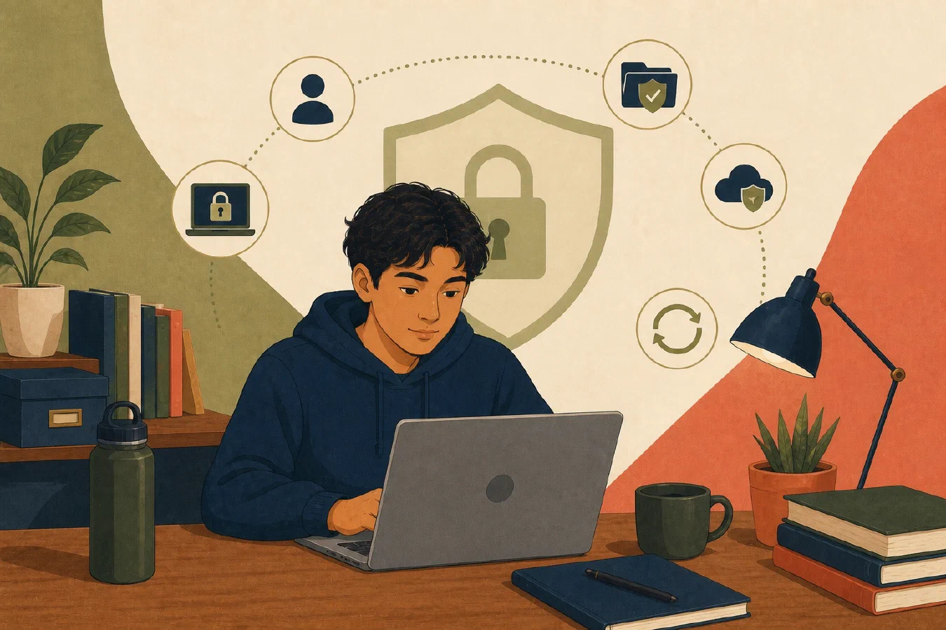 A student-centered editorial illustration representing Set Up a Safe Mac for College.