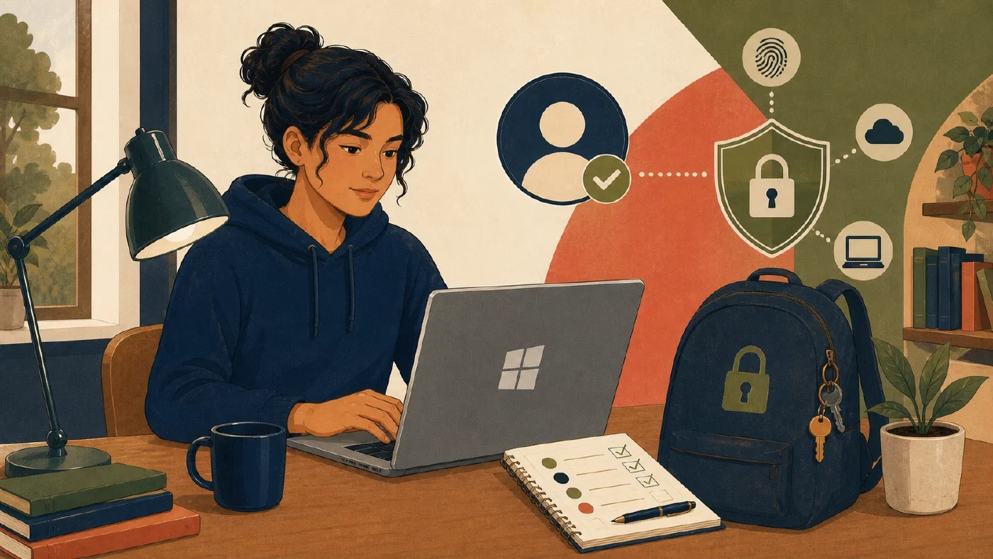 A student-centered editorial illustration representing Set Up a Safe Windows Account for College.