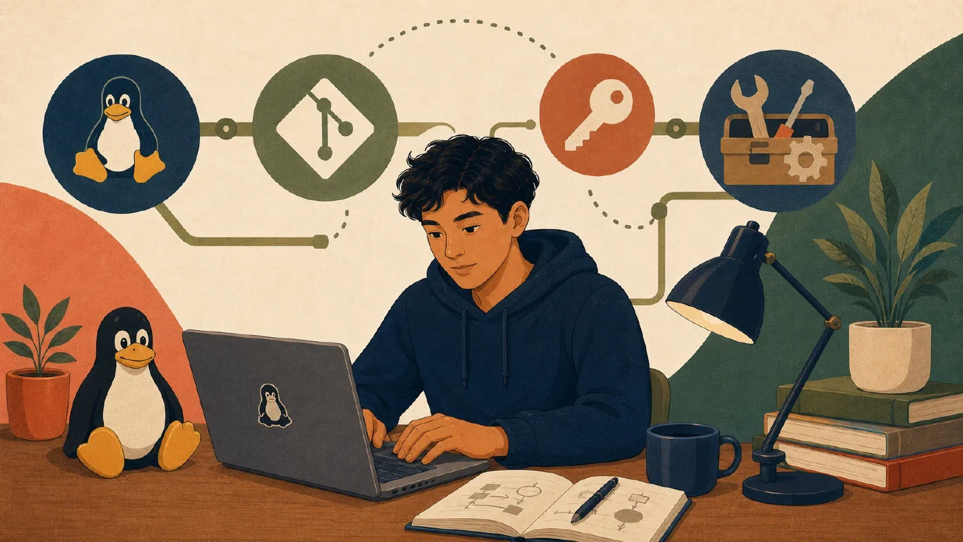 A student-centered editorial illustration representing Set Up Git, SSH, and Course Toolchains on Linux.