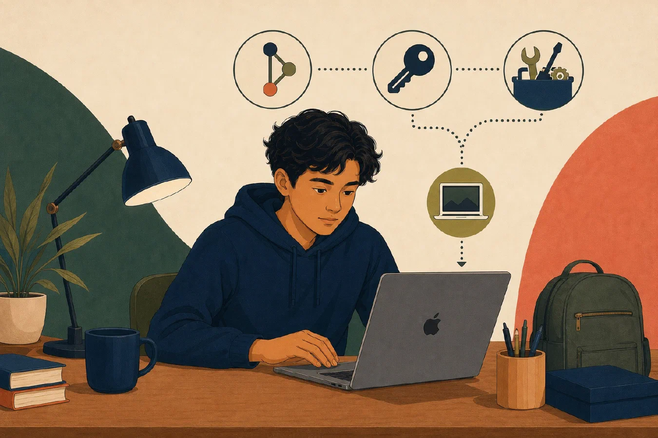 A student-centered editorial illustration representing Set Up Git, SSH, and Course Toolchains on macOS.