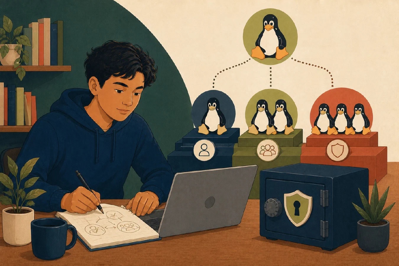 A student-centered editorial illustration representing Set Up Linux Users, Groups, and sudo Safely.