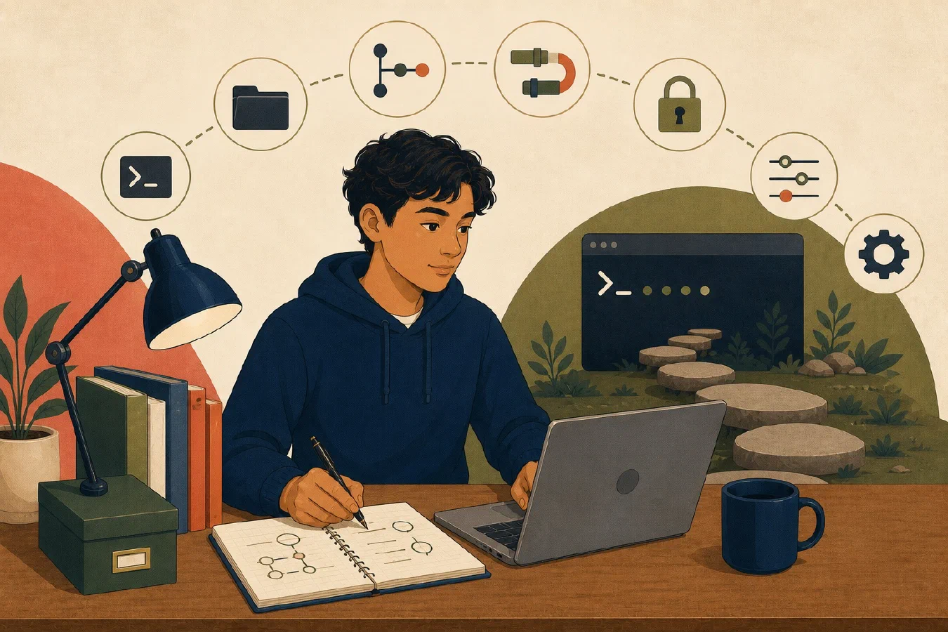 A student-centered editorial illustration representing Seven Terminal Concepts Every Beginning Programmer Needs.