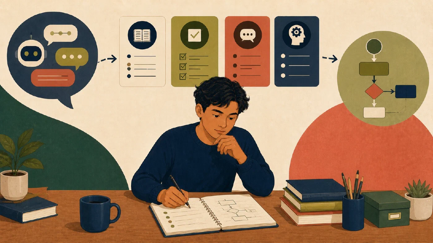 A student-centered editorial illustration representing Should This Be a Note, Checklist, Script, or Skill?.