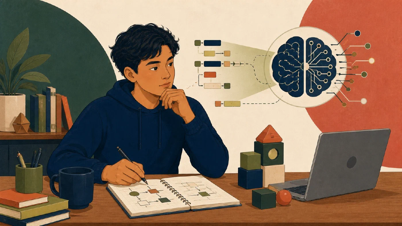 A student-centered editorial illustration representing Structured Languages Are Thinking Tools in the AI Era.