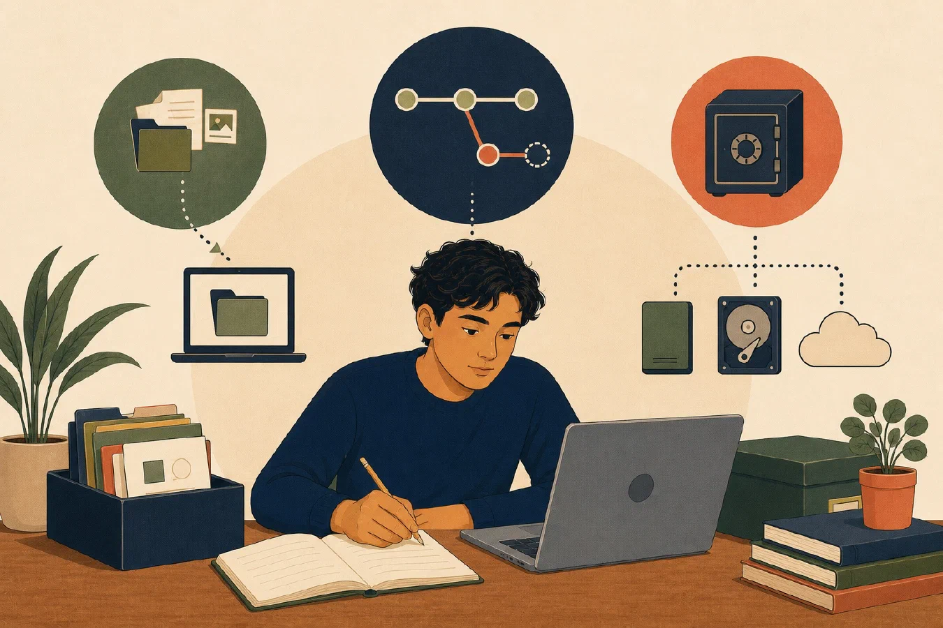 A student-centered editorial illustration representing Sync, Git, and Backup Solve Different Problems.