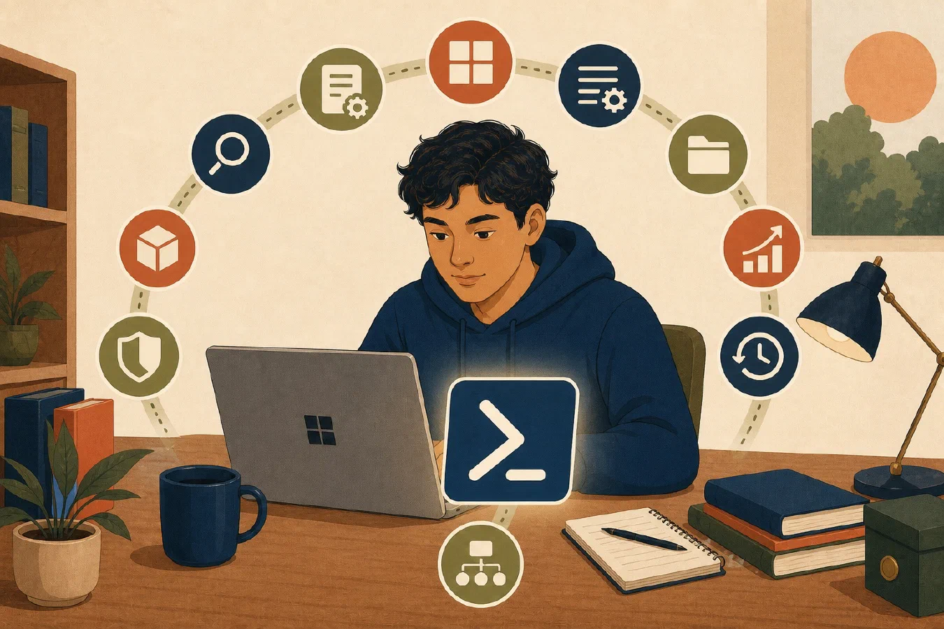 A student-centered editorial illustration representing Ten PowerShell Operations Every Student Should Practice.