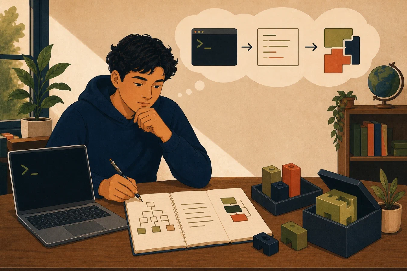 A student-centered editorial illustration representing Terminal-First, Text-First, Reusable-by-Default.