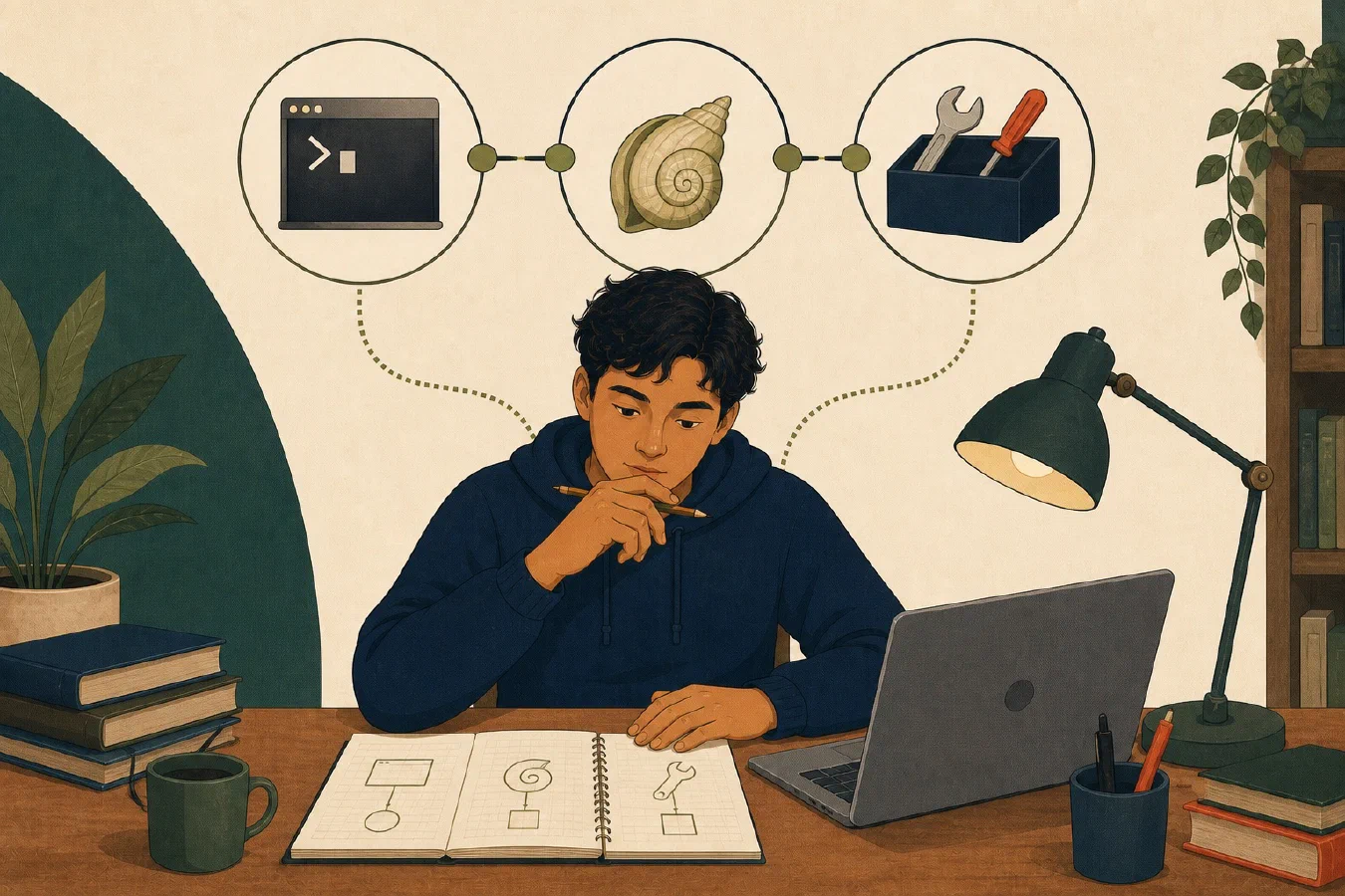 A student-centered editorial illustration representing Terminal, Shell, and Command: Three Different Things.