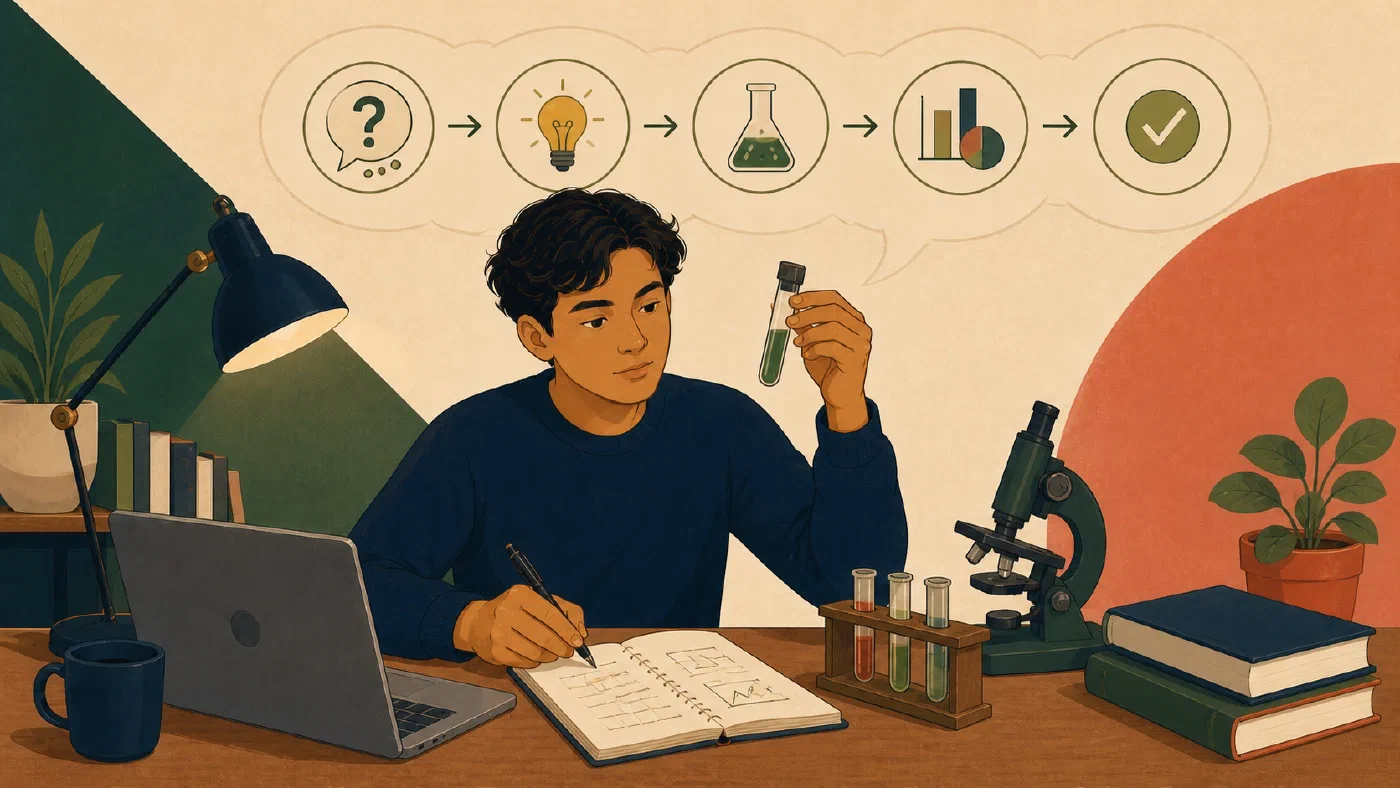 A student-centered editorial illustration representing Test an AI-Generated Claim with the Scientific Method.