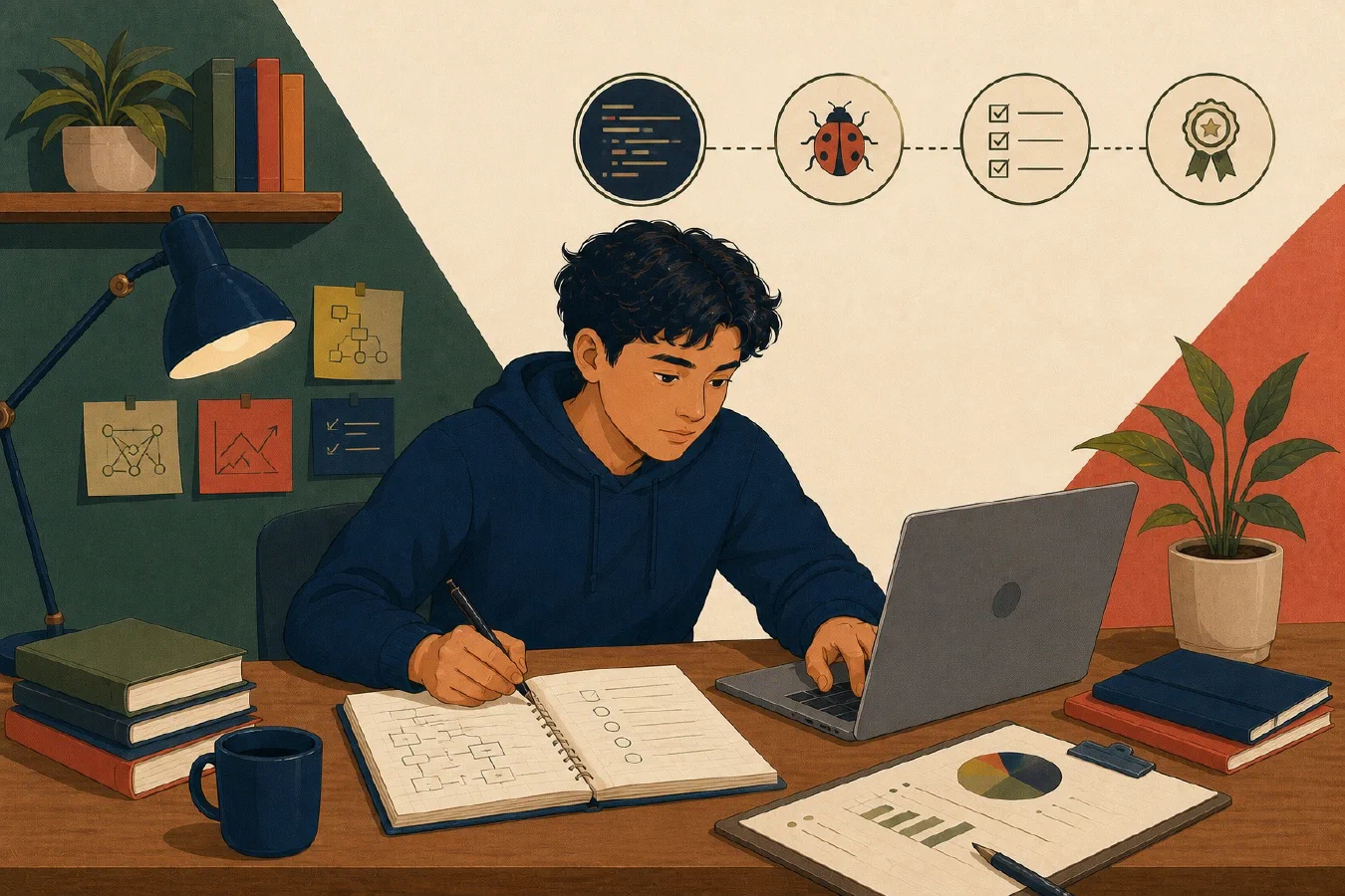 A student-centered editorial illustration representing The Semester-End Technical Review.