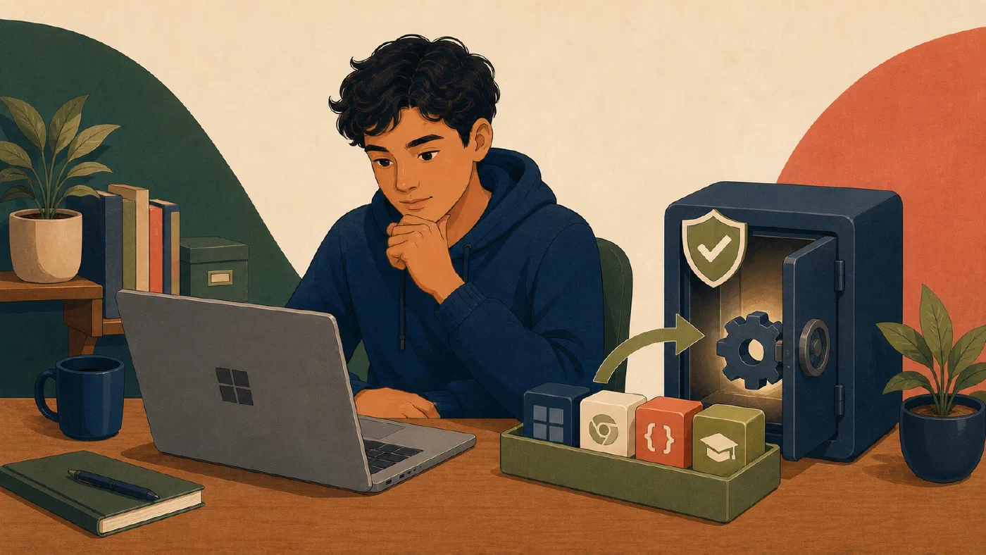 A student-centered editorial illustration representing Upgrade Software Safely with WinGet.