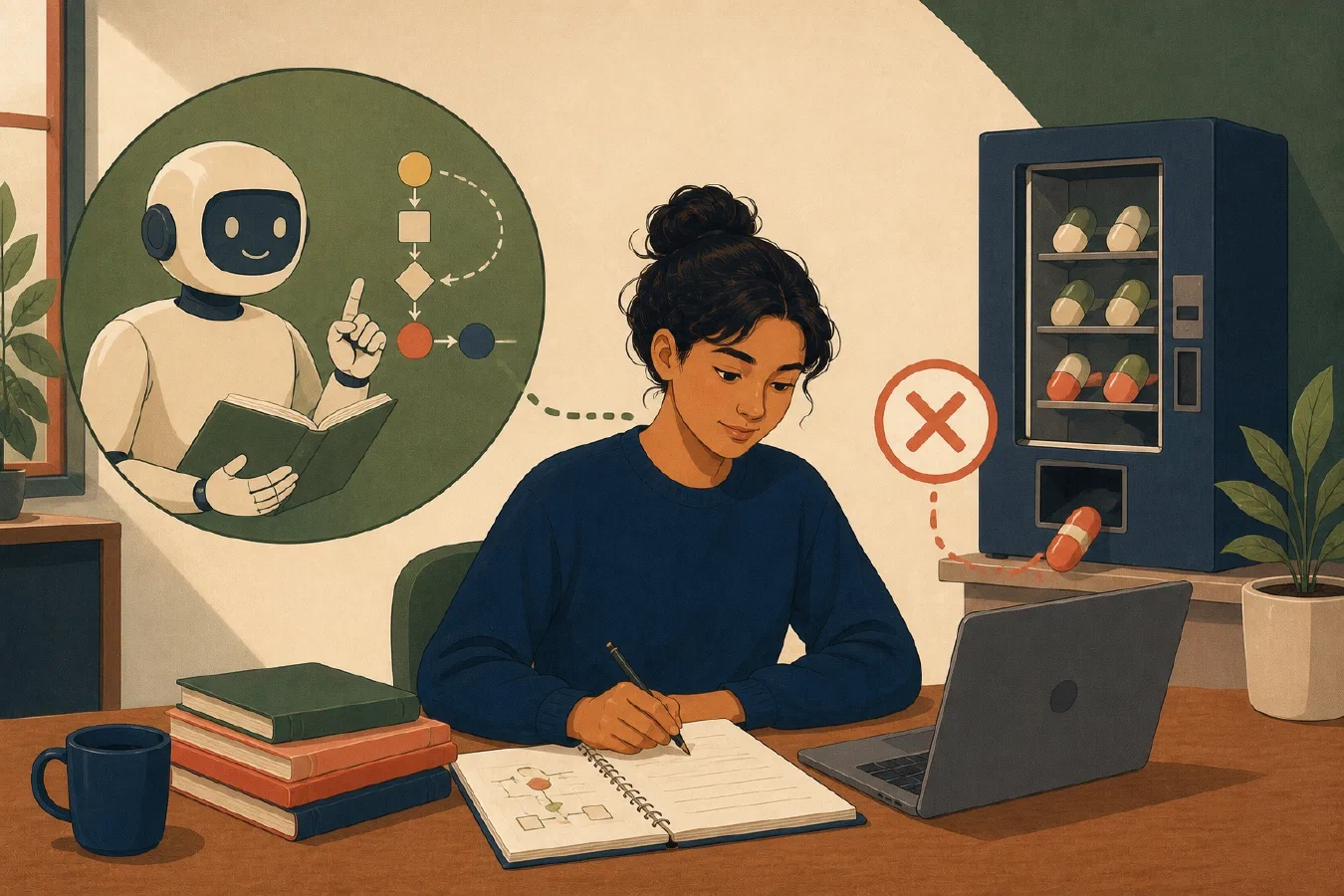 A student-centered editorial illustration representing Use AI as a Tutor, Not an Answer Vending Machine.