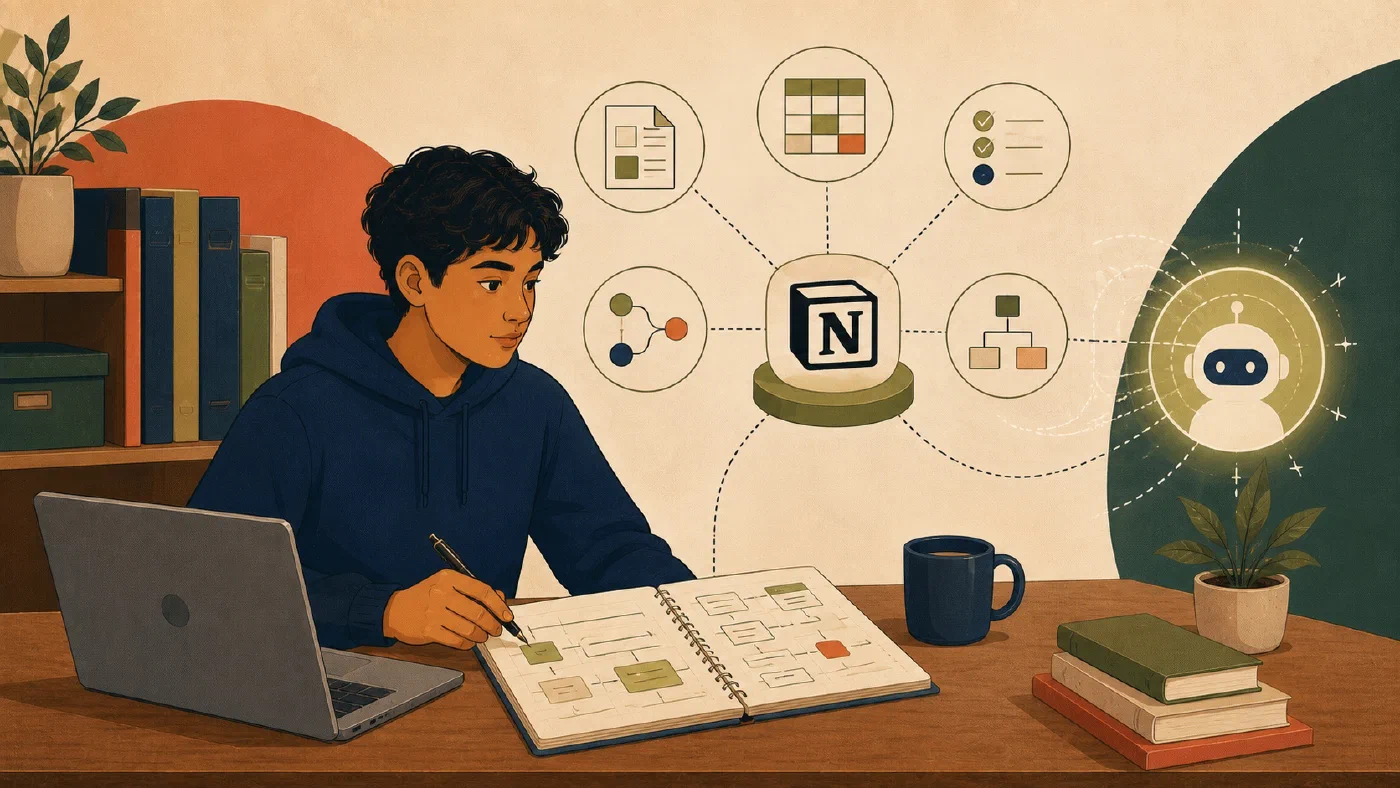 A student-centered editorial illustration representing Use Notion as a Reusable, AI-Connected Workspace.