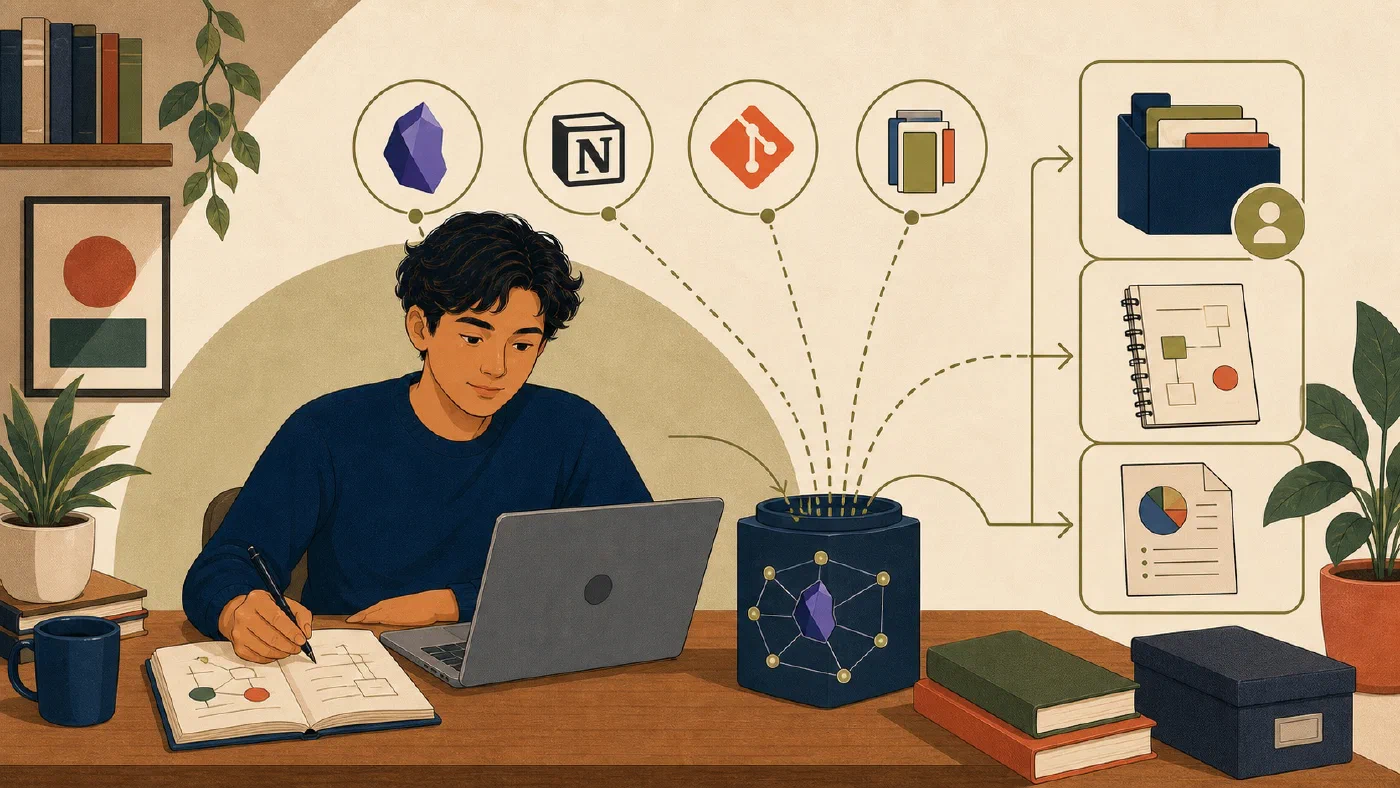 A student-centered editorial illustration representing Use Obsidian, Notion, Git, and Office Without Duplicating Everything.