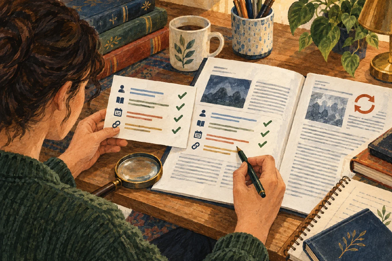A student compares a citation record with the actual publication and checks its version and update status.