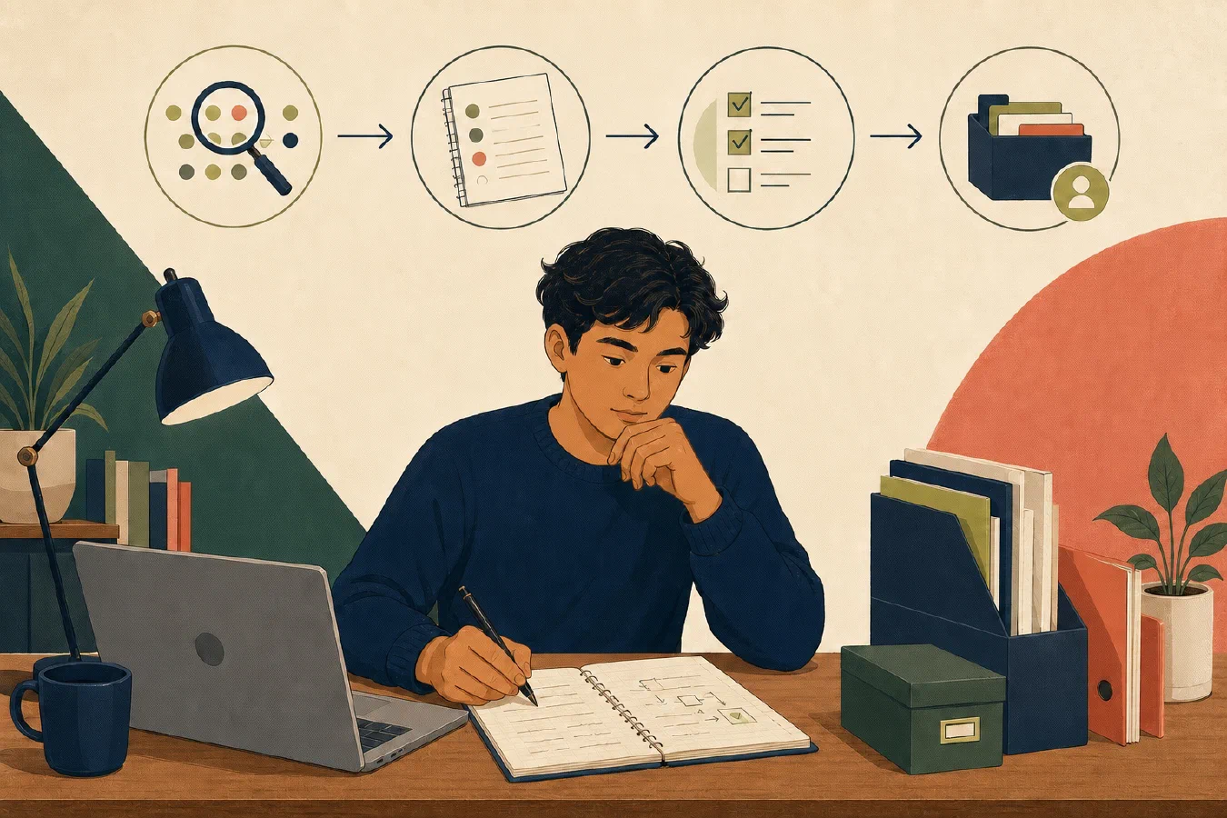 A student inspects information, records observations, verifies a checklist, and organizes the resulting files.