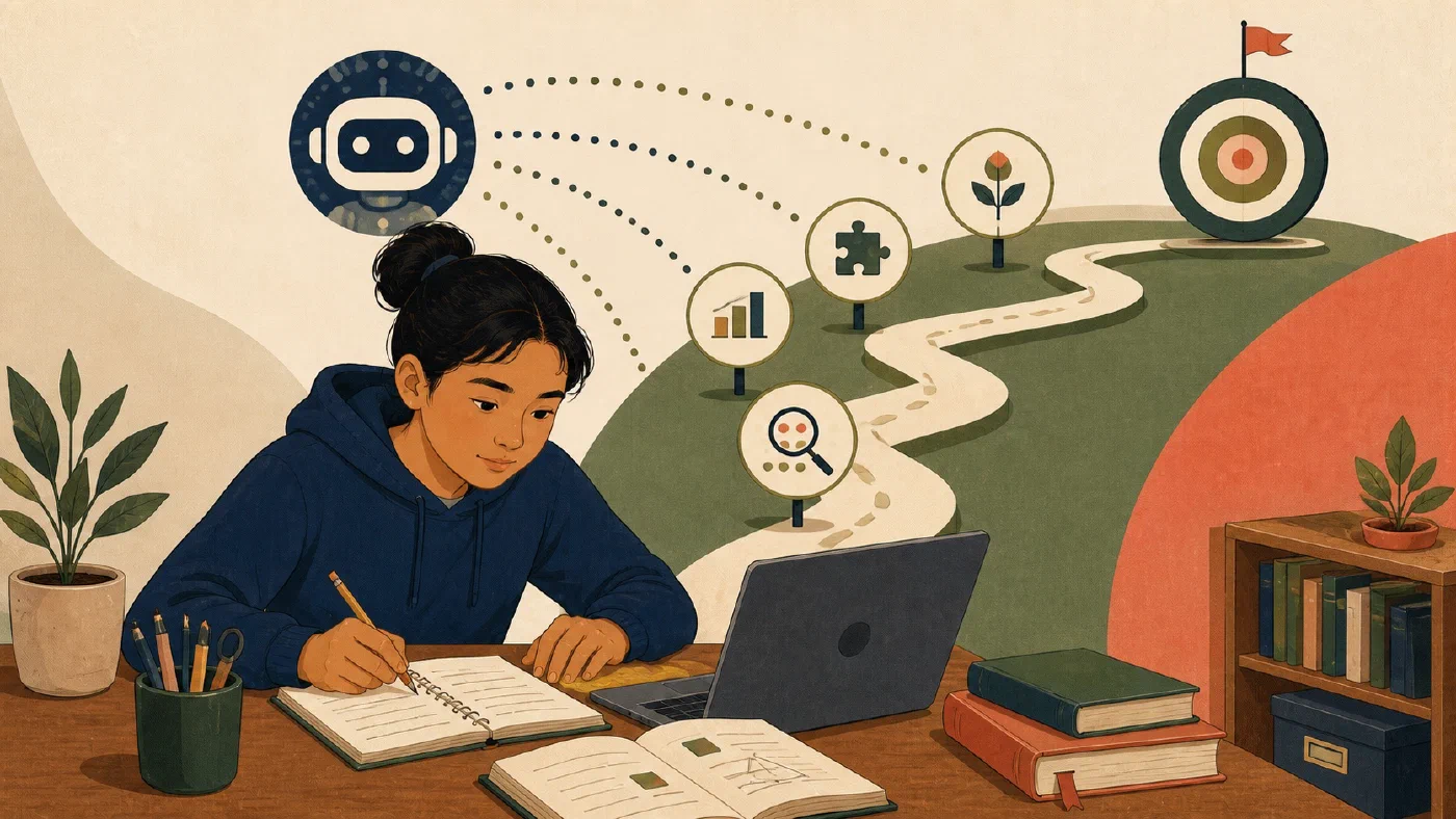 A student-centered editorial illustration representing What K–12 Schools Can Learn from AI-Supported Mastery Models.
