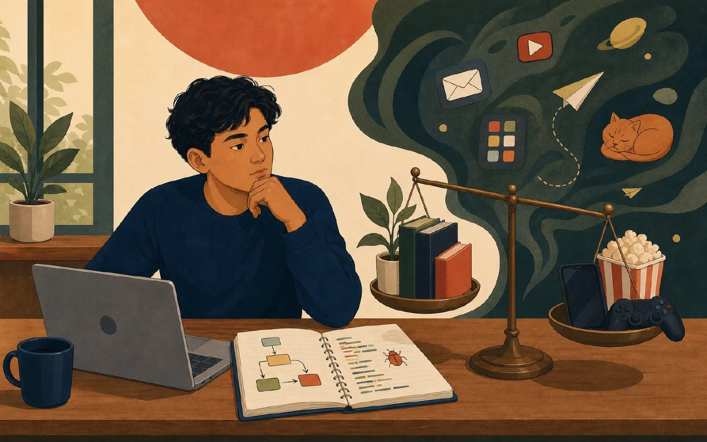 A student-centered editorial illustration representing When Productivity Optimization Becomes Procrastination.