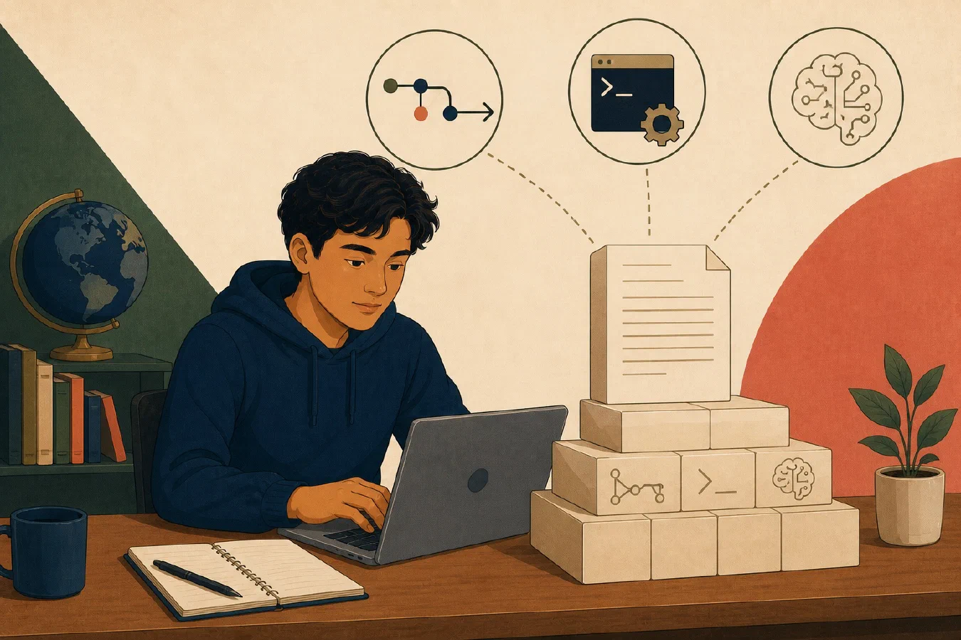 A student-centered editorial illustration representing Why Plain Text Works So Well with Git, CLI Tools, and AI.