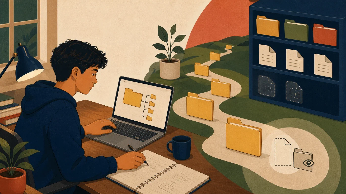 A student-centered editorial illustration representing Windows Paths, File Extensions, and Hidden Files.