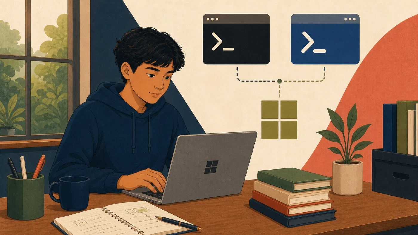 A student-centered editorial illustration representing Windows Terminal and PowerShell for Complete Beginners.