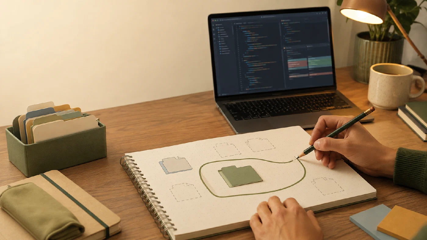 A student draws a clear boundary around one small coding change on a planning notebook.