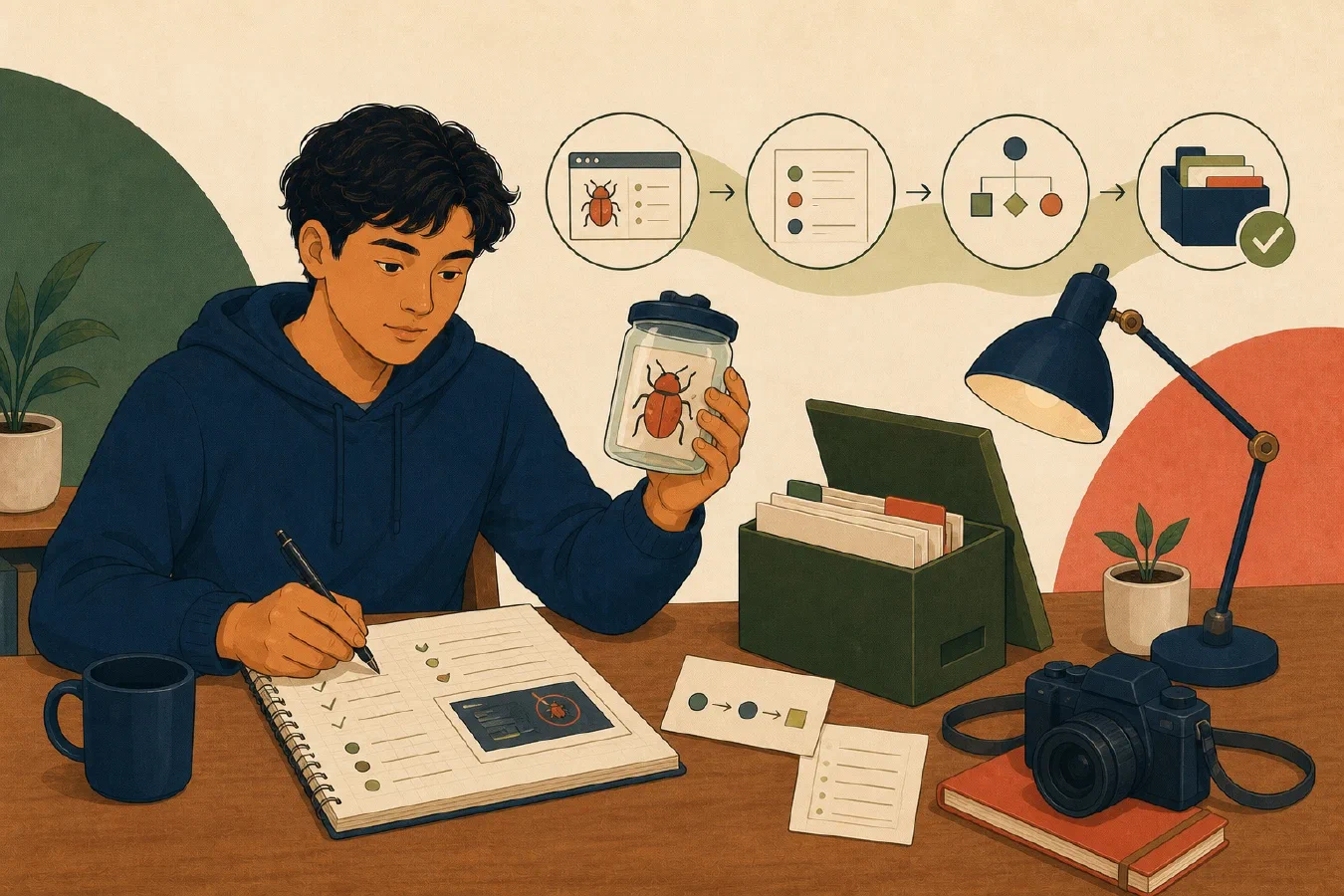 A student-centered editorial illustration representing Write a Reproducible Bug Report.