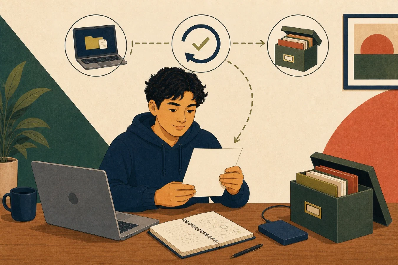 A student checks a restored document beside a laptop, external drive, archive box, and circular recovery arrows.
